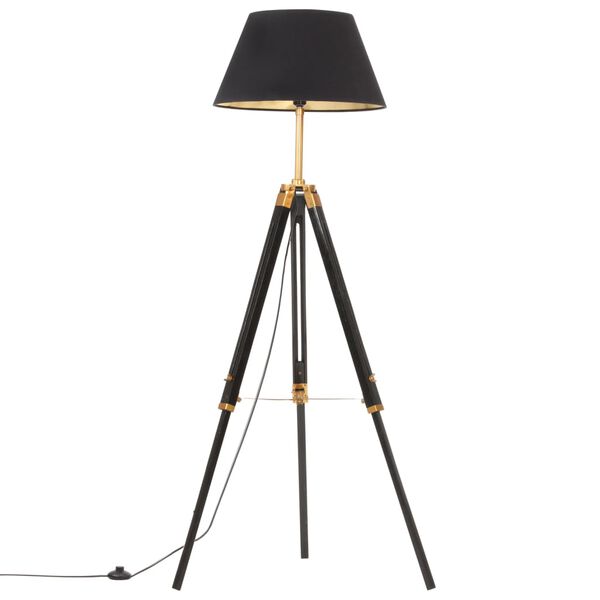 vidaXL grīdas lampa uz statīva, melna, zeltaina, masīvs tīkkoks, 141cm
