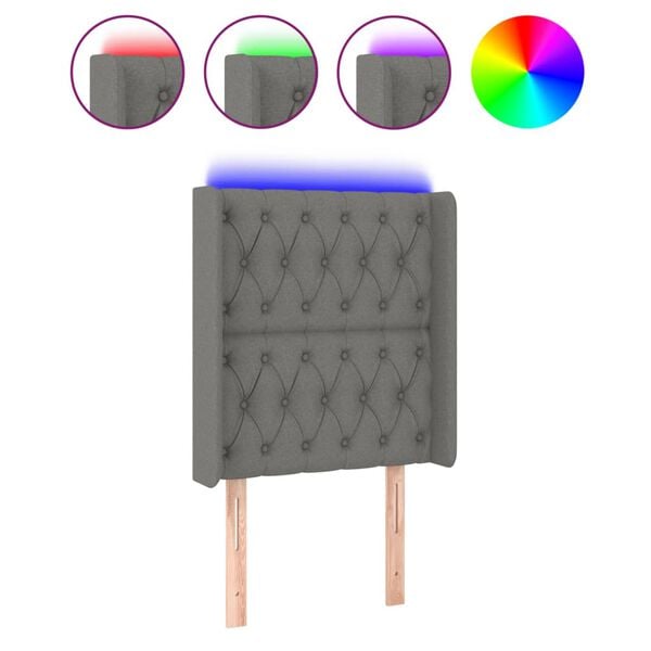 vidaXL gultas galvgalis ar LED, 83x16x118/128 cm, tum&scaron;i pelēks audums