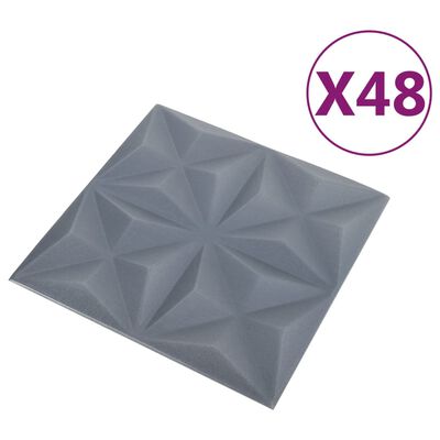 vidaXL 3D sienas paneļi, 48 gab., 50x50 cm, pelēks origami, 12 m²