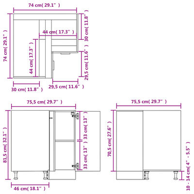 vidaXL virtuves stūra skapītis, melns, 75,5x75,5x81,5 cm