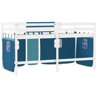 vidaXL bērnu gulta ar aizkariem, zili, 80x200 cm, priedes masīvkoks
