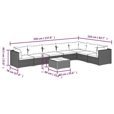 vidaXL 8-daļīgs dārza mēbeļu komplekts, matrači, melna PE rotangpalma