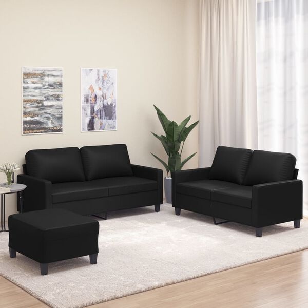 vidaXL trīsdaļīgs dīvānu komplekts ar spilveniem, melna mākslīgā āda