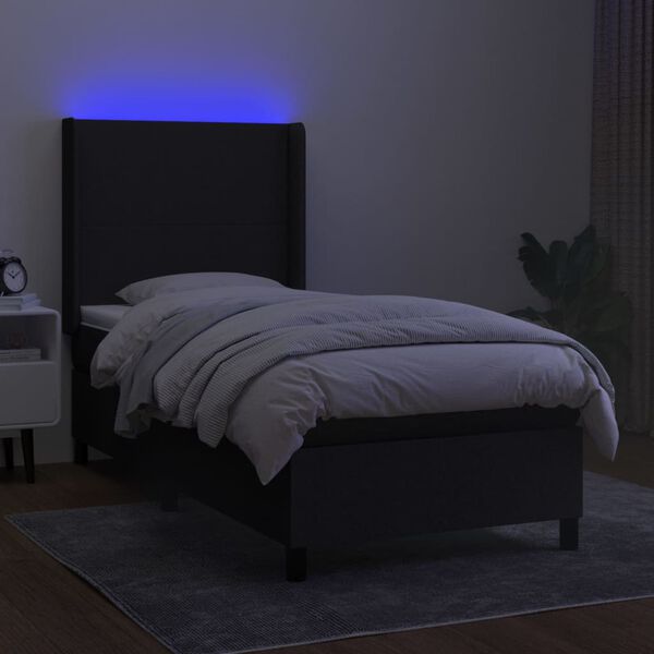 vidaXL atsperu gulta ar matraci, LED, melns audums, 90x190 cm
