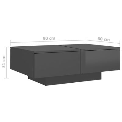 vidaXL kafijas galdiņš, spīdīgi pelēks, 90x60x31 cm, skaidu plāksne