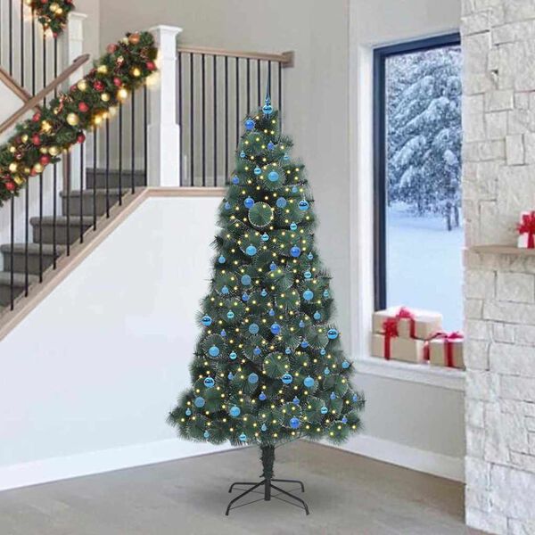 vidaXL Mākslīgais iepriek&scaron; apgaismots Ziemassvētku koks ar bumbu komplektu