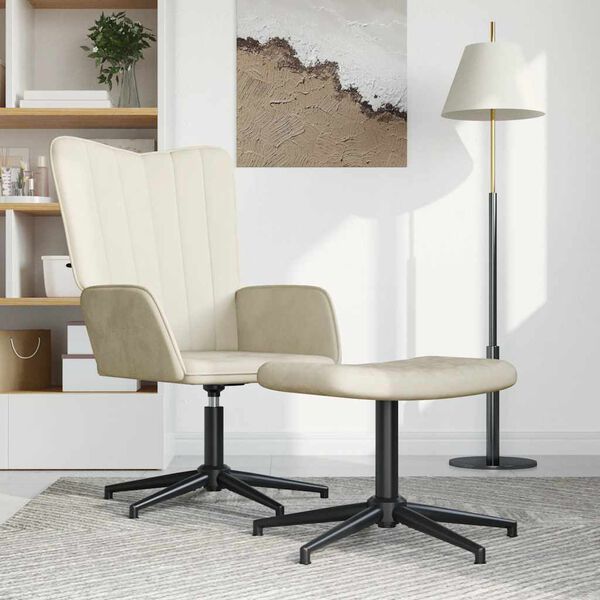 vidaXL atpūtas krēsls ar kāju balstu, krēmbalts samts