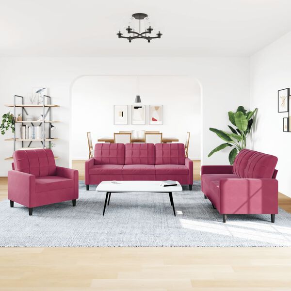 vidaXL trīsdaļīgs dīvānu komplekts ar spilveniem, vīnsarkans samts