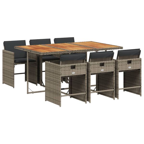 vidaXL 7-daļīgs dārza mēbeļu komplekts, matrači, pelēka PE rotangpalma