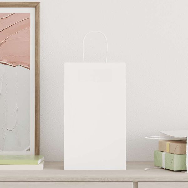 vidaXL papīra maisiņi 250 gab. ar rokturiem, balti, 21x11x36 cm