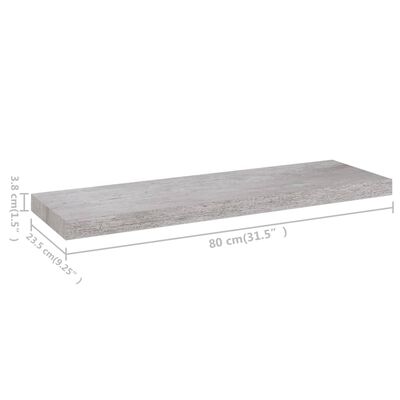 vidaXL sienas plaukts, betona pelēks, 80x23,5x3,8 cm, MDF
