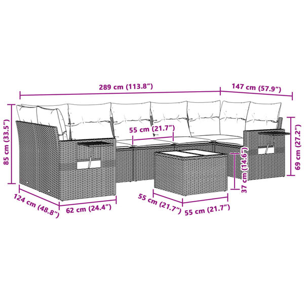 vidaXL 8-daļīgs dārza dīvāna komplekts,matrači, gai&scaron;i pelēka PE pinums