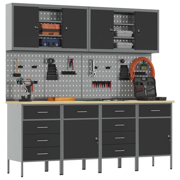 vidaXL Darba skapis ar slēdzeni 10 pcs Melna Inženieru koks un tērauds