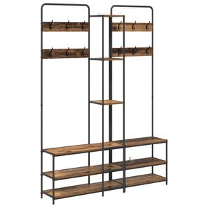 vidaXL Mēteļu stends ar apavu soli Vecs koks 143 x 30 x 199,5 cm