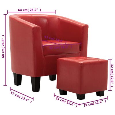 vidaXL klubkrēsls ar kāju soliņu, sarkana mākslīgā āda