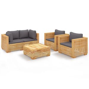 vidaXL 5-daļīgs dārza atpūtas mēbeļu komplekts ar matračiem, tīkkoks