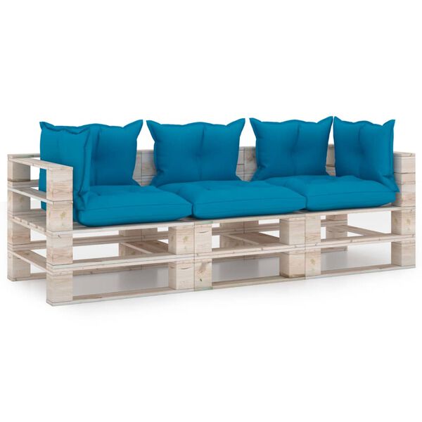 vidaXL trīsvietīgs dārza pale&scaron;u dīvāns ar matračiem, priedes koks