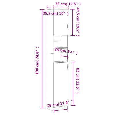 vidaXL vannasistabas skapis, pelēks, 32x25,5x190 cm, inženierijas koks