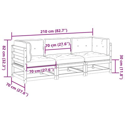 vidaXL 3-daļīgs dārza dīvānu komplekts, matrači, brūns priedes koks
