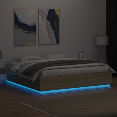 vidaXL gultas rāmis ar LED, ozola, 180x200 cm, inženierijas koks