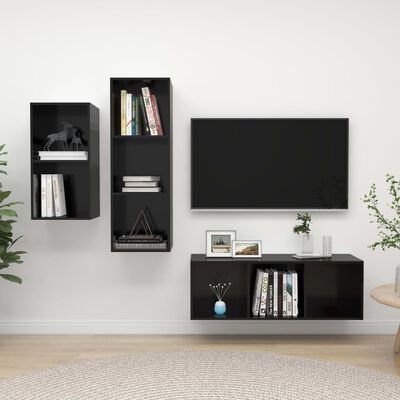 vidaXL 3-daļīgs TV plauktu komplekts, spīdīgi melns, skaidu plāksne