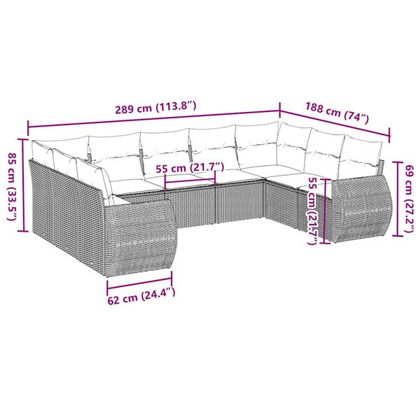 vidaXL 9-daļīgs dārza dīvāna komplekts,matrači, gai&scaron;i pelēka PE pinums