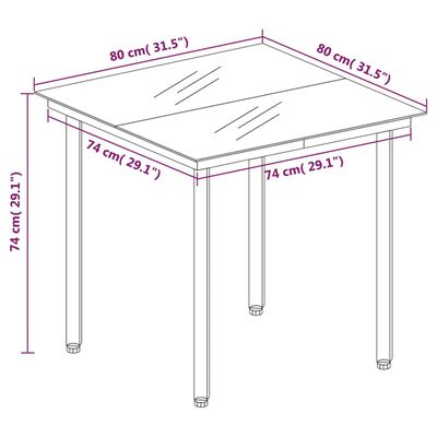vidaXL dārza galds, melns, 80x80x74 cm, tērauds un stikls