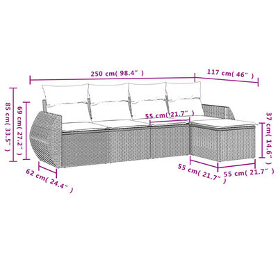 vidaXL 5-daļīgs dārza dīvāna komplekts ar matračiem, PE rotangpalma