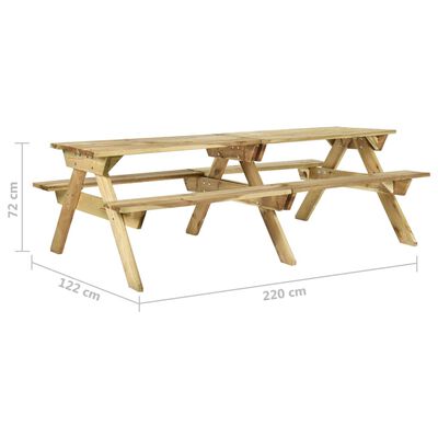 vidaXL piknika galds ar soliem, 220x122x72 cm, impregnēts priedes koks