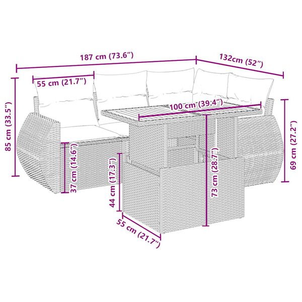 vidaXL 5-daļīgs dārza dīvāna komplekts, matrači, bē&scaron;a PE rotangpalma