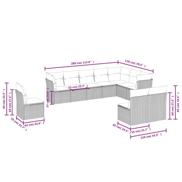 vidaXL 10-daļīgs dārza dīvāna komplekts ar matračiem, pelēks PE pinums