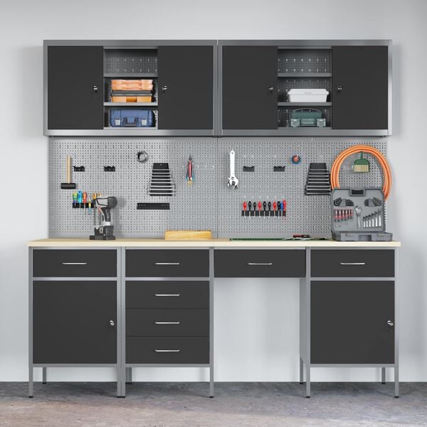 vidaXL Darba skapis ar slēdzeni 10 pcs Melna Inženieru koks un tērauds