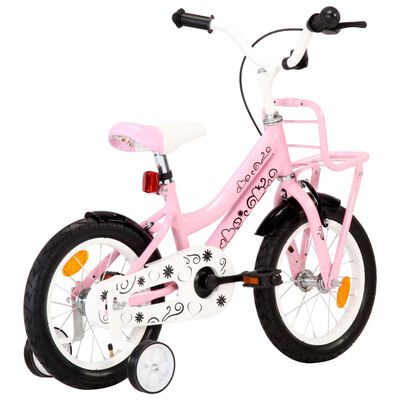 vidaXL bērnu velosipēds ar priekšējo bagāžnieku, 14 collas, balts,rozā