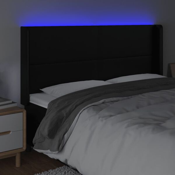 vidaXL gultas galvgalis ar LED, 183x16x118/128 cm, melna mākslīgā āda
