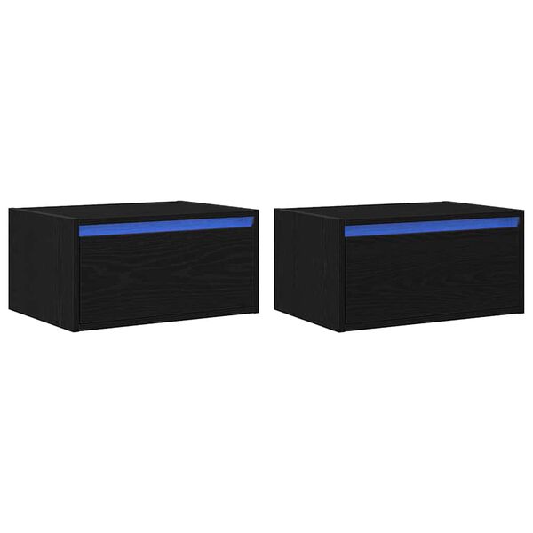 vidaXL sienas naktsskapī&scaron;i ar LED apgaismojumu, 2 gab., melnais ozols