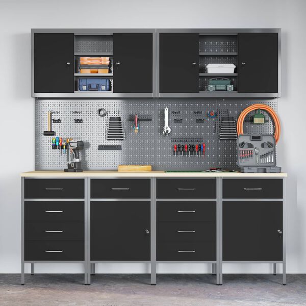 vidaXL Darba skapis ar slēdzeni 10 pcs Melna Inženieru koks un tērauds