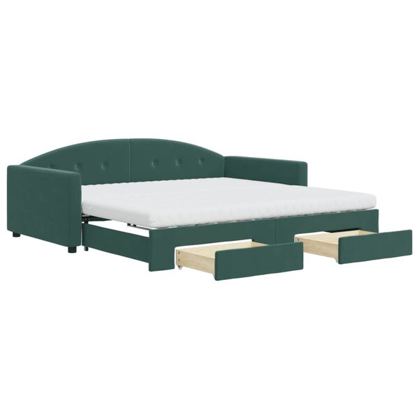 vidaXL izvelkams dīvāns ar atvilktnēm, tum&scaron;i zaļ&scaron;, 100x200 cm, samts