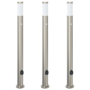 vidaXL stabveida gaismekļi ar sensoru un kontaktligzdu, 3 gab., 110 cm, nerūsējo&scaron;ais tērauds, IP44