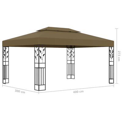 vidaXL dārza nojume ar dubulto jumtu un LED lampiņām, 3x4m, pelēkbrūna