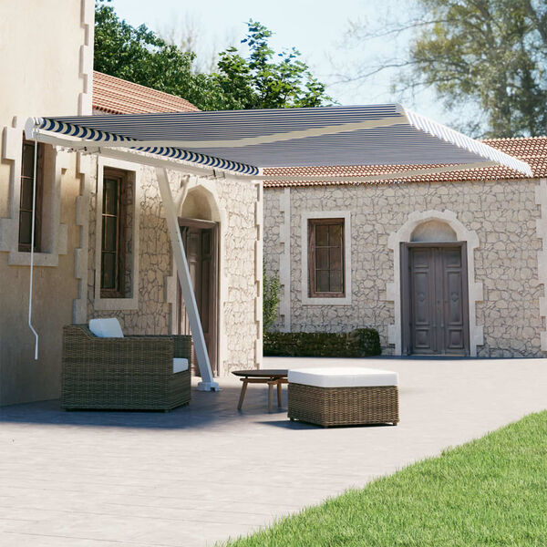 vidaXL izvelkama markīze ar kātu, 450x300 cm, manuāla, zila/balta