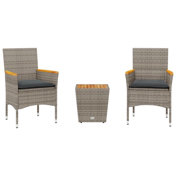 vidaXL 3-daļīgs bistro mēbeļu komplekts, matrači,pelēka PE rotangpalma