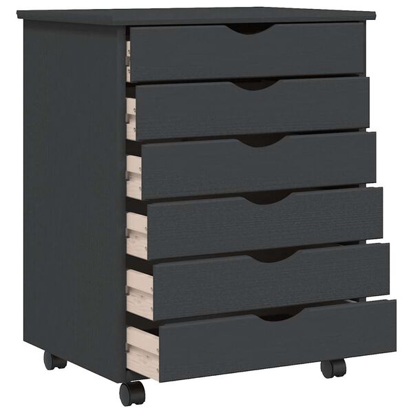 vidaXL skapis ar atvilktnēm un ritenī&scaron;iem MOSS, pelēks, priedes koks