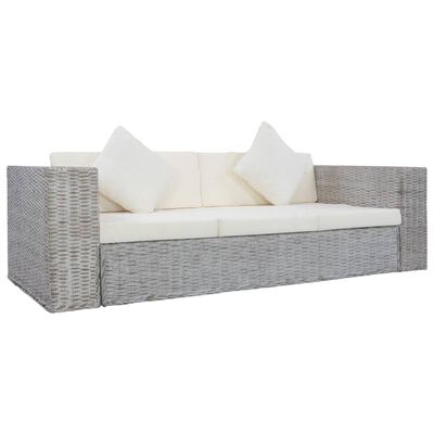 vidaXL trīsvietīgs dīvāns ar matračiem, pelēka dabīgā rotangpalma