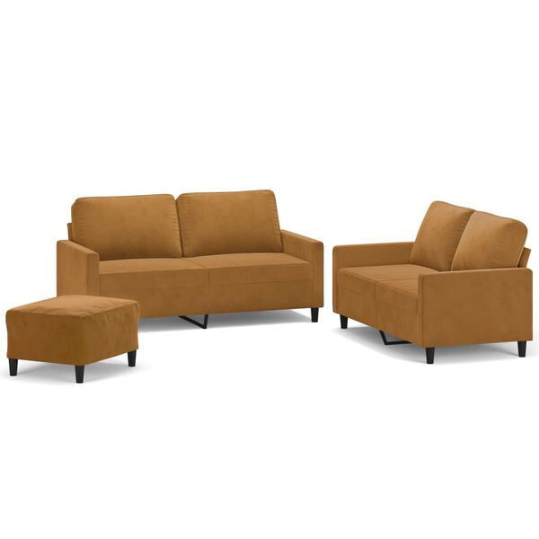 vidaXL trīsdaļīgs dīvānu komplekts ar spilveniem, brūns samts