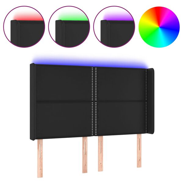 vidaXL gultas galvgalis ar LED, 147x16x118/128 cm, melna mākslīgā āda