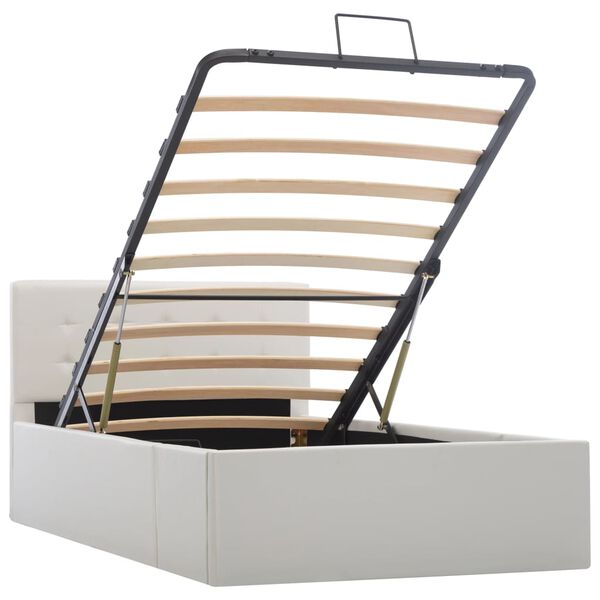 vidaXL gulta, hidraulikas mehānisms, balta mākslīgā āda, 90x200 cm