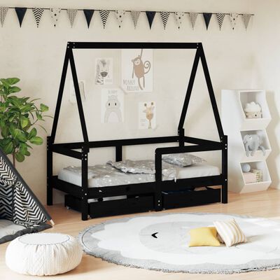 vidaXL bērnu gultas rāmis ar atvilktnēm, melns, priedes masīvkoks