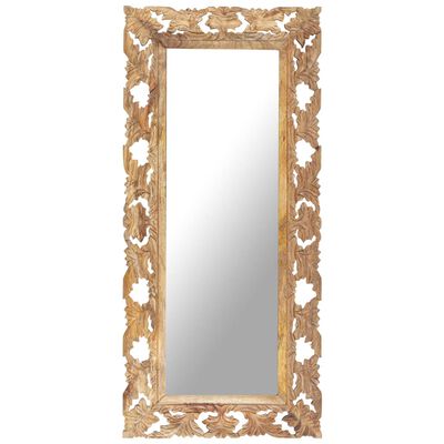 vidaXL spogulis, brūns, 110x50 cm, ar kokgriezumiem, mango masīvkoks