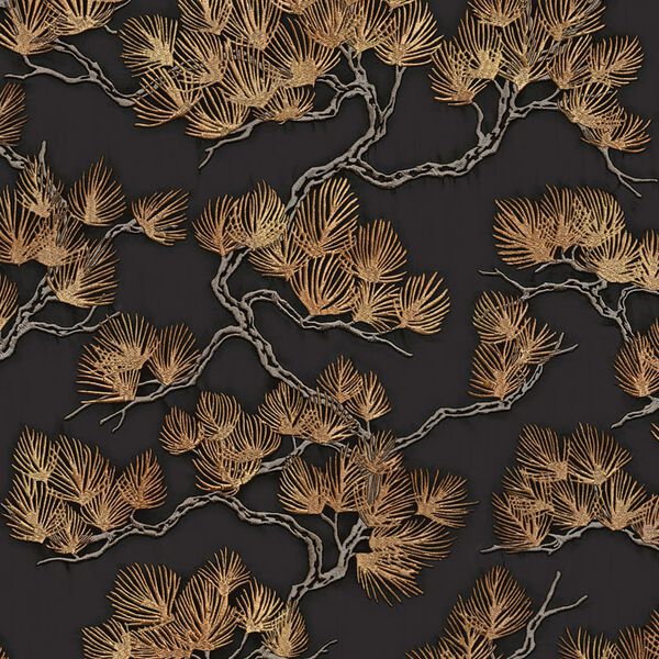 DUTCH WALLCOVERINGS tapete, priedes apdruka, melna ar zeltu