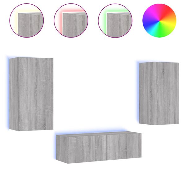 vidaXL TV sienas skapī&scaron;i ar LED, 3 gab., pelēka ozola